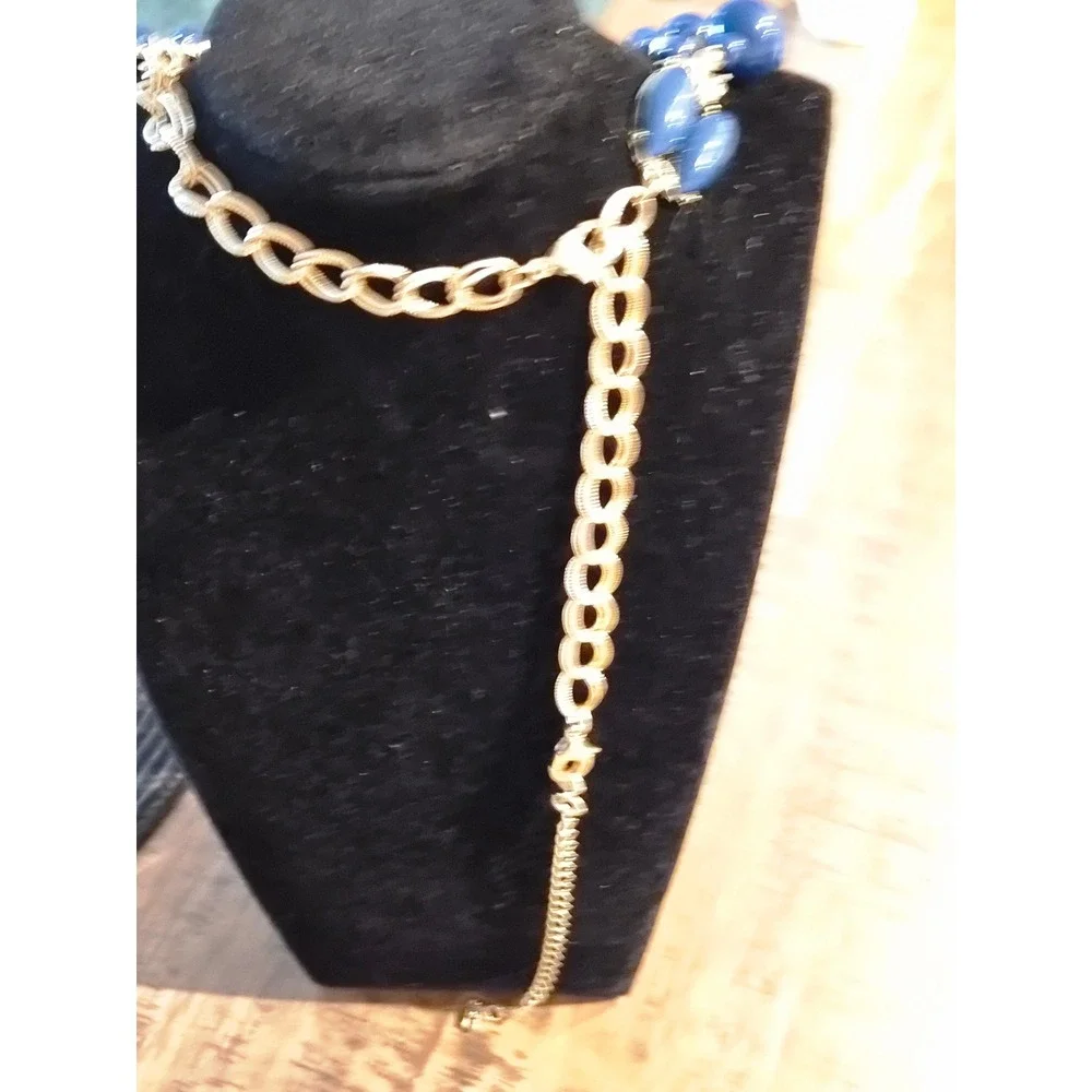Cobalt Blue Triple Strand Bead Statement Bib Necklace Gold Tone